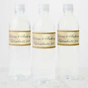 Gold Glitter Name Date Script Wedding Water Bottle Label