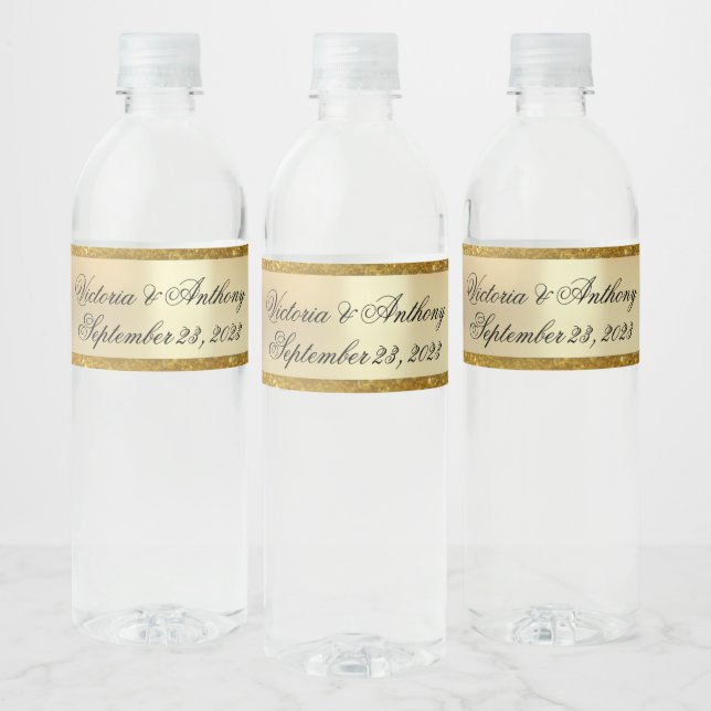 Gold Glitter Name Date Script Wedding  Water Bottle Label (Bottles)