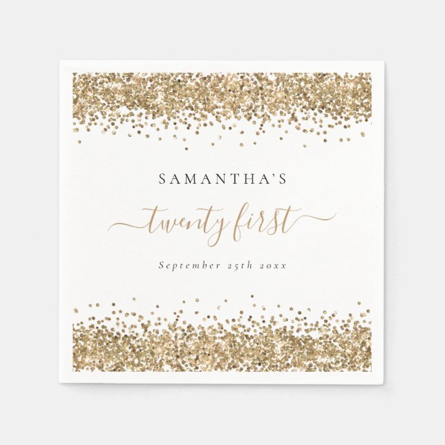 Gold Glitter Name Date Twenty First Party Napkin (Front)