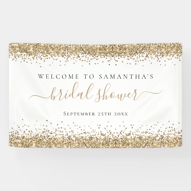 Gold Glitter Name Date Welcome to Bridal Shower Banner (Horizontal)