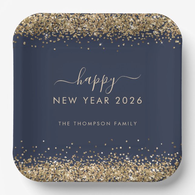 Gold Glitter Name Happy New Year 2026 Navy Blue Paper Plate (Front)