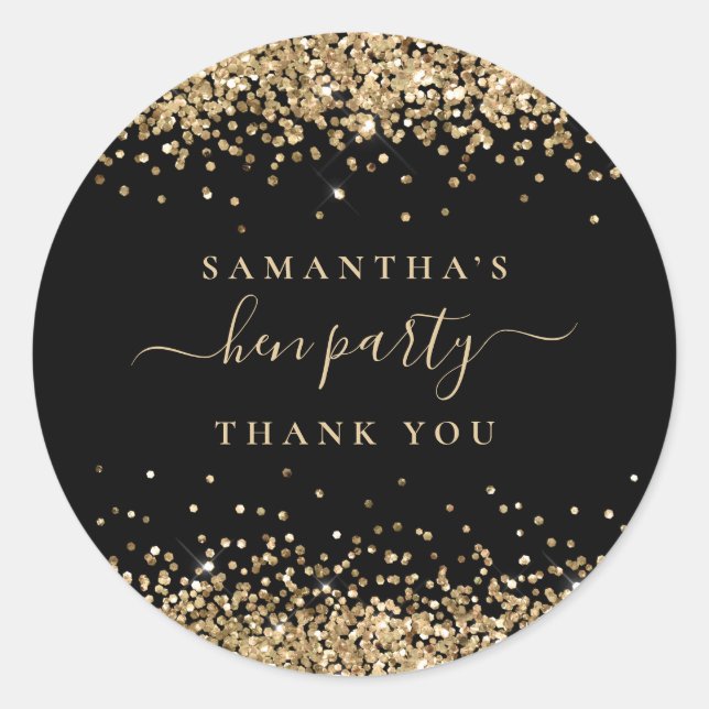 Gold Glitter Name Hen Party Black Thank You Classic Round Sticker (Front)