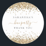 Gold Glitter Name Hen Party Thank You Classic Round Sticker<br><div class="desc">Gold Glitter Name Date Hen Party Thank You. Gold faux glitter borders the top and bottom,  with your name and thank you. Hen Party is in a handwriting style script. Easily personalise the text to your own details.</div>