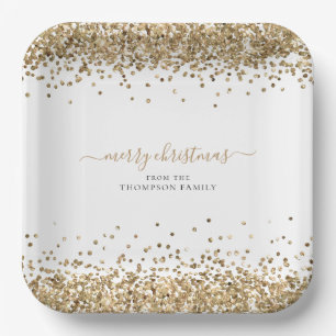 Gold Glitter Name Merry Christmas White  Paper Plate