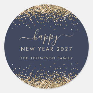 Gold Glitter Name Navy Blue Happy New Year 2026 Classic Round Sticker