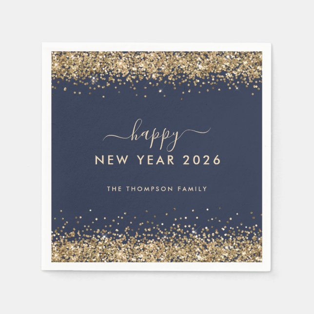 Gold Glitter Name Navy Blue Happy New Year 2026 Napkin (Front)