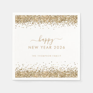Gold Glitter Name White Happy New Year 2026 Napkin