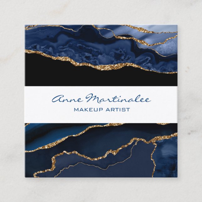 Gold Glitter Navy Agate Square Business Card (Front)