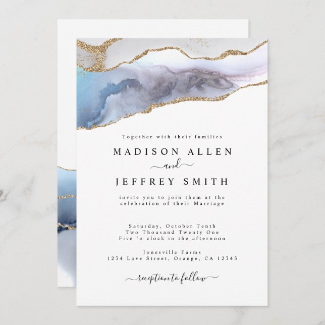Gold Glitter & Navy Agate Stone Wedding Invitation (Front/Back)