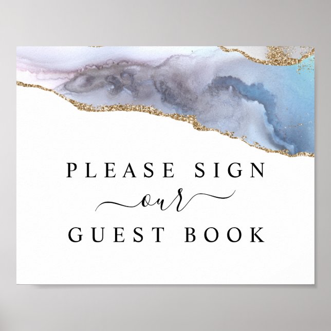 Gold Glitter & Navy Blue Agate Guest Book Sign (Front)