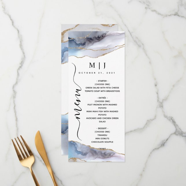 Gold Glitter & Navy Blue Agate Wedding Menu (Front/Back In Situ)
