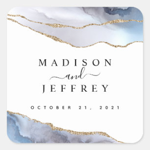 Gold Glitter & Navy Blue Agate Wedding Square Sticker