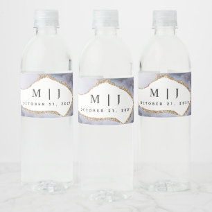 Gold Glitter & Navy Blue Agate Wedding Water Bottle Label