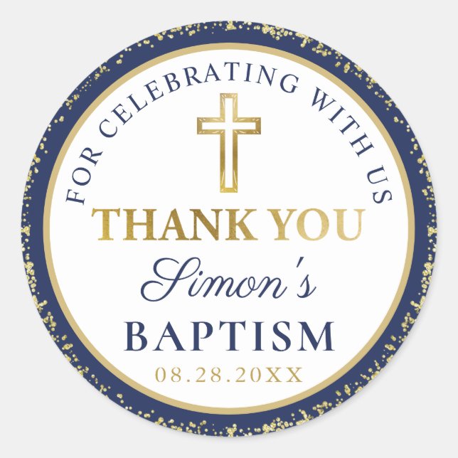 Gold Glitter Navy Blue Baptism Thank You Classic R Round Sticker (Front)