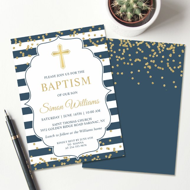 Gold Glitter Navy Blue Boy Baptism Invitation (Creator Uploaded)