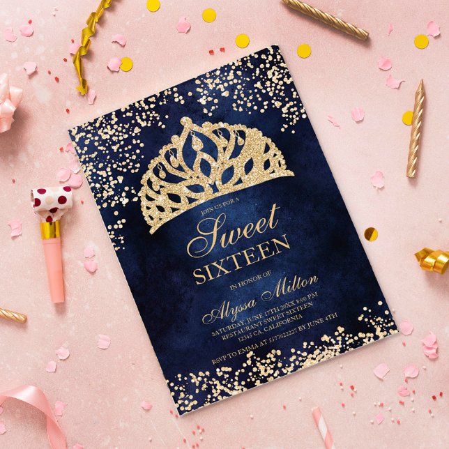 gold glitter navy blue crown tiara photo Sweet 16 Invitation (Creator Uploaded)