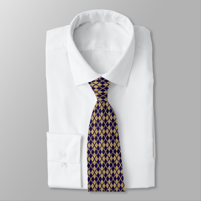 Gold Glitter Navy Blue Elegant Diamond Pattern Tie (Tied)