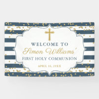 Gold Glitter Navy Blue First Holy Communion Banner