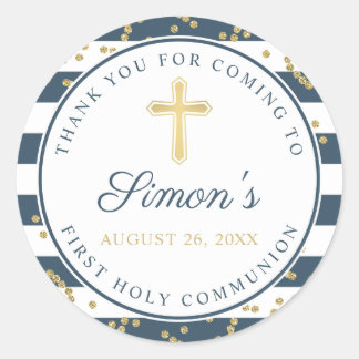 Gold Glitter Navy Blue First Holy Communion Classic Round Sticker