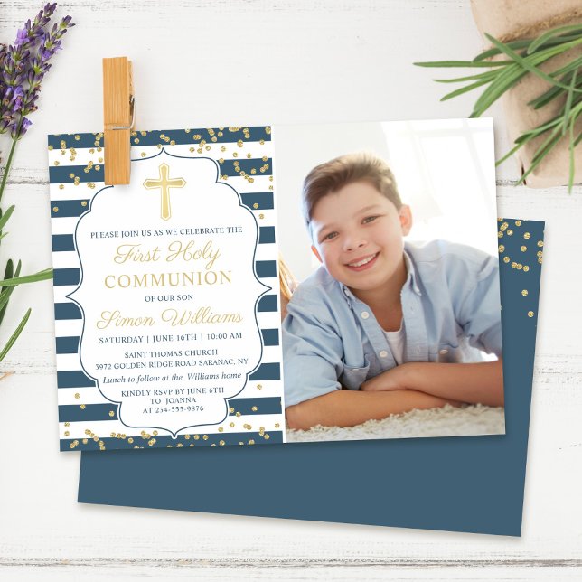 Gold Glitter Navy Blue First Holy Communion Photo Invitation (Creator Uploaded)