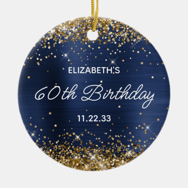 Gold Glitter Navy Blue Foil 60th Birthday Photo Ceramic Tree Decoration (Front)