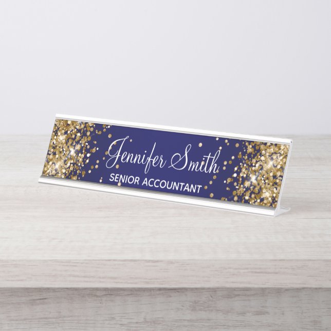 Gold Glitter Navy Blue Gradient Desk Name Plate (Front)