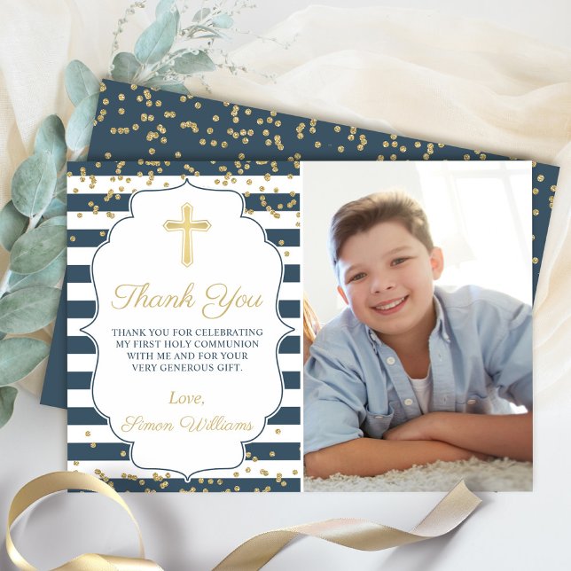 Gold Glitter Navy Blue Holy Communion Thank you Invitation (Creator Uploaded)