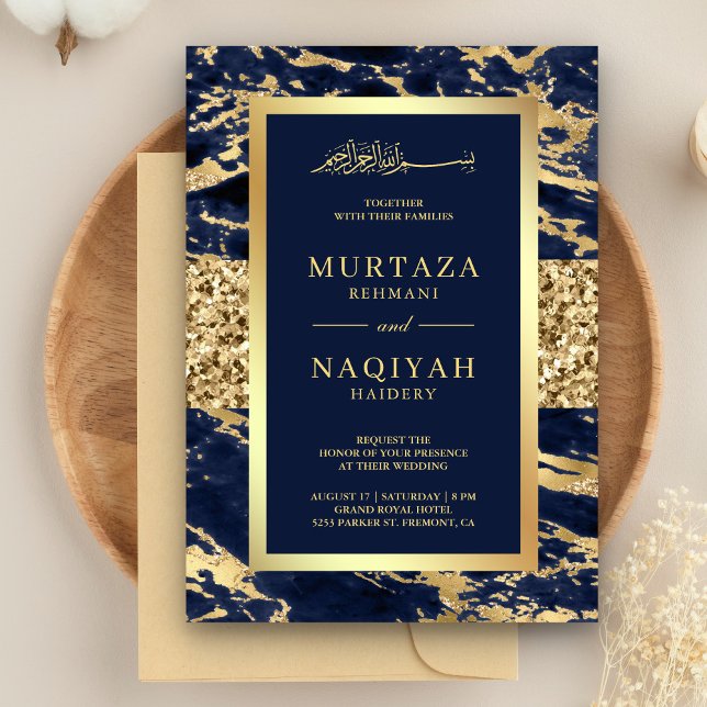 Gold Glitter Navy Blue Marble Muslim Wedding Invitation (Creator Uploaded)