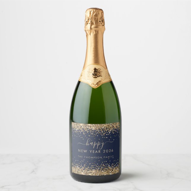 Gold Glitter Navy Blue Name Happy New Year 2026 Sparkling Wine Label (Front)