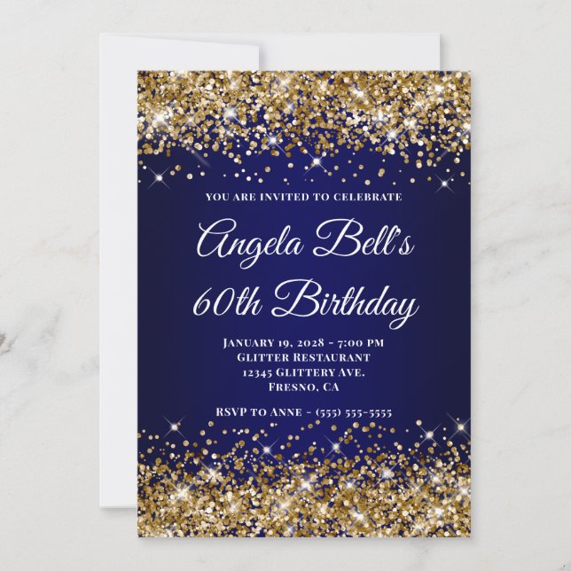 Gold Glitter Navy Blue Ombre 60th Birthday Invitation (Front)