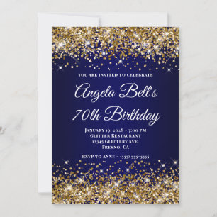 Gold Glitter Navy Blue Ombre 70th Birthday Invitation