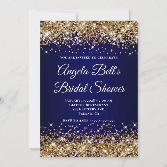 Gold Glitter Navy Blue Ombre Bridal Shower Invitation (Front)