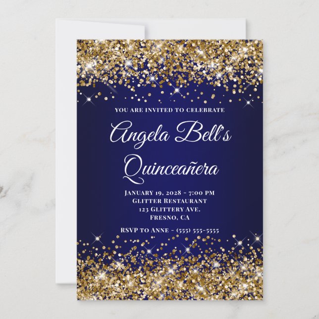 Gold Glitter Navy Blue Ombre Quinceanera Invitation (Front)