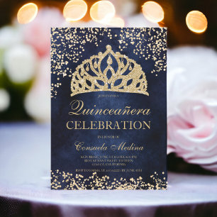 gold glitter navy blue photo tiara Quinceañera Invitation
