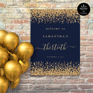 Gold Glitter Navy Blue Script Welcome 30th Party Poster