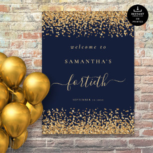 Gold Glitter Navy Blue Script Welcome 40th Party Poster