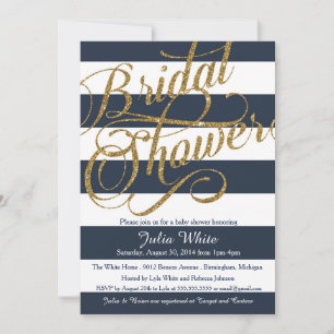 Gold Glitter Navy Blue Strip Shower Invitation