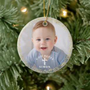 Gold Glitter Navy Blue Wreath Baptism Photo Ceramic Tree Decoration