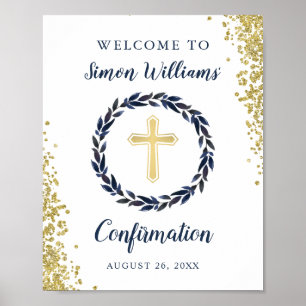Gold Glitter Navy Blue Wreath Confirmation Welcome Poster