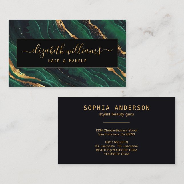 Gold Glitter Navy Green Agate & Signature Script Business Card (Front/Back)