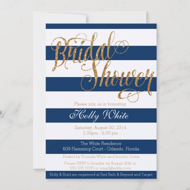 Gold Glitter Navy Stripe Bridal Shower Invitation (Front)