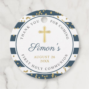 Gold Glitter Navy Stripes First Holy Communion Favour Tags