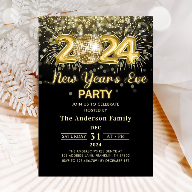 Gold Glitter New Year's Eve Party 2024 Invitation (Creator Uploaded)