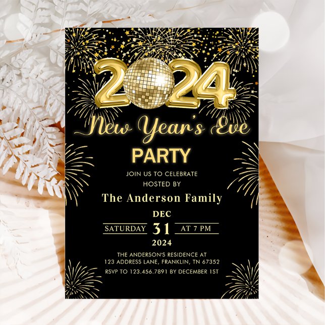 Gold Glitter New Year's Eve Party 2024 Invitation (Creator Uploaded)