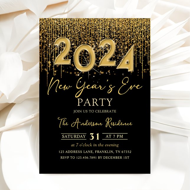 Gold Glitter New Year's Eve Party 2024 Invitation (Creator Uploaded)