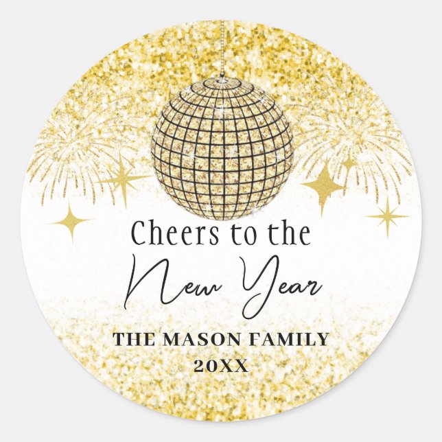 Gold Glitter New Years Eve Party Disco Ball Classic Round Sticker (Front)