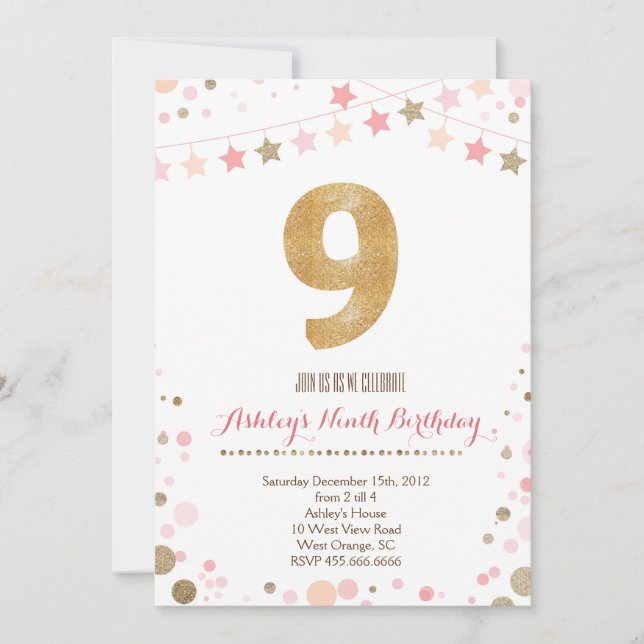 Gold Glitter Ninth Birthday Invitation (Front)