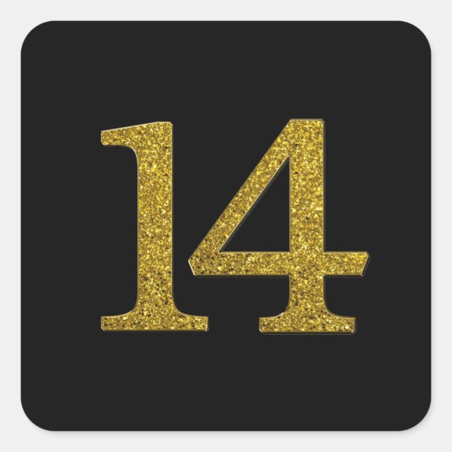Gold Glitter Number 14 Wide Font Square Sticker (Front)