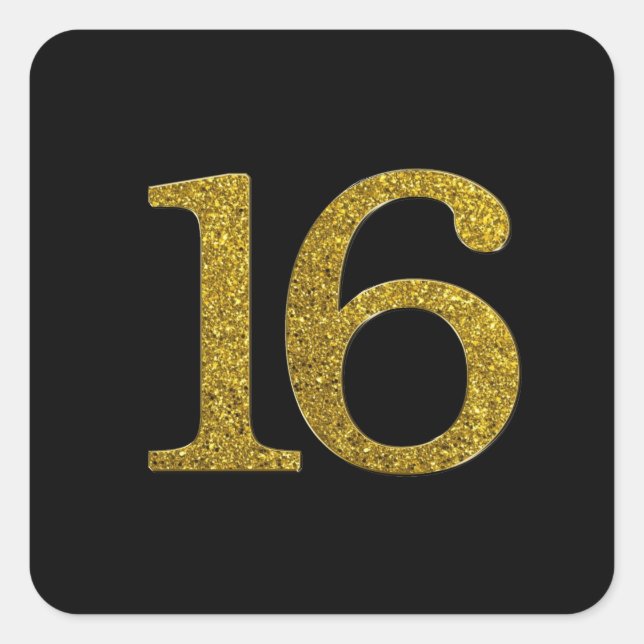 Gold Glitter Number 16 Wide Font Square Sticker (Front)