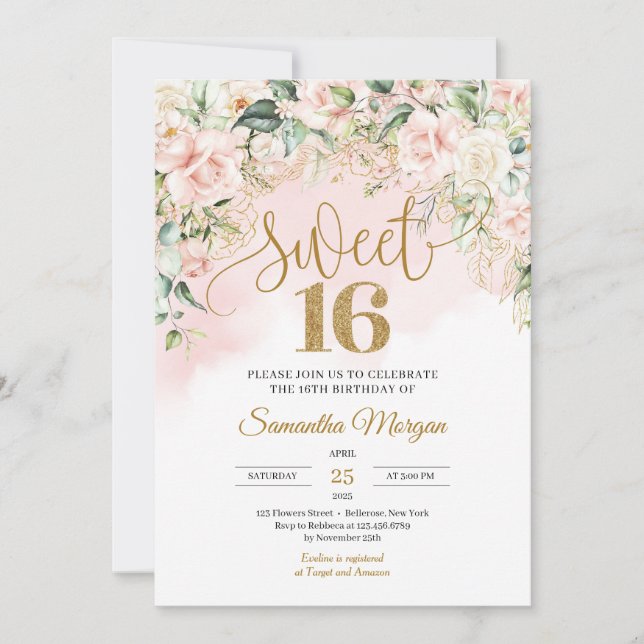 Gold glitter number soft pink roses sweet sixteen invitation (Front)